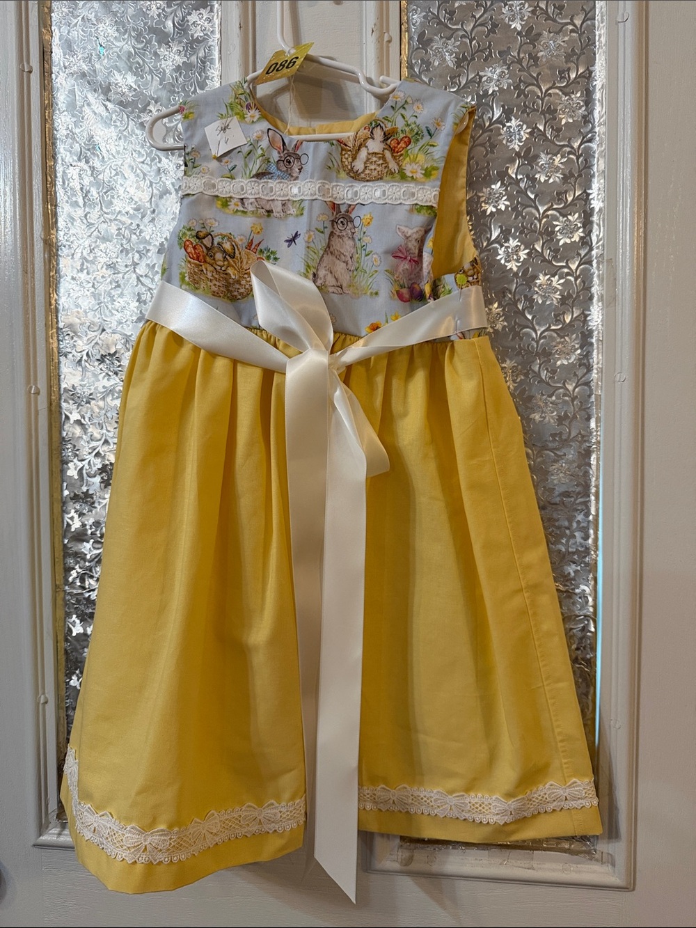 Yellow Floral Bunny Print Girls' Formal Dress with Satin Bow